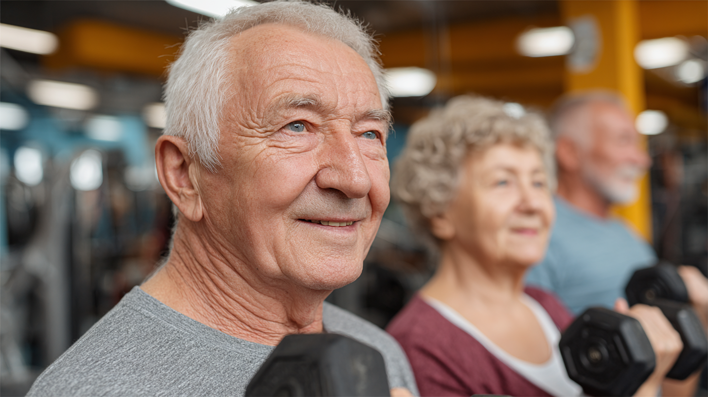 Група активних людей зрілого віку на заняттях творчого фітнесу